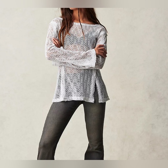 Free People Women's On The Road Twisted White Size Small Sheer Knit Relaxed Top - Picture 1 of 14
